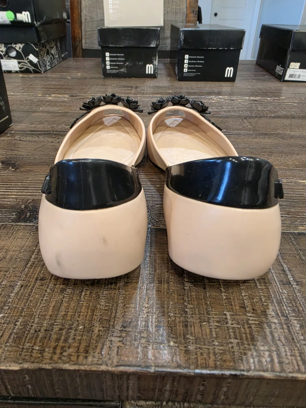 Melissa Nude Peep-Toe Flats with Black Floral Appliqués